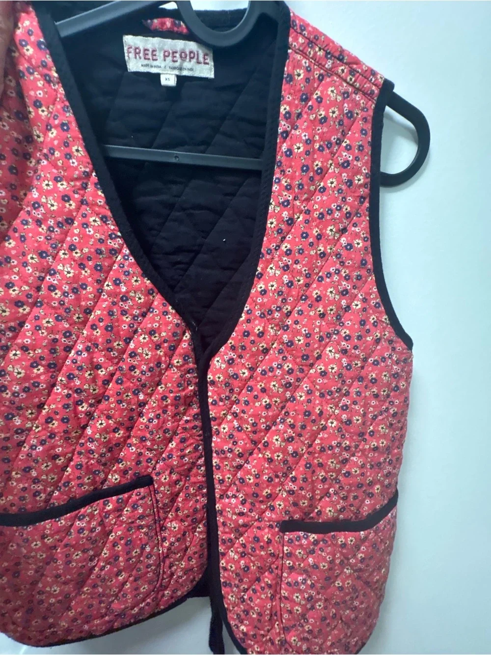 Free People Pink Floral Quilted Vest with Black Trim